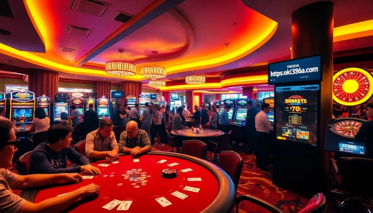 Experience thrilling gaming at https://ok8386a.com/ with players at a poker table surrounded by vibrant slot machines and a spinning roulette wheel.
