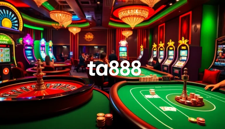 Players enjoying vibrant ta88 casino games at roulette and poker tables with colorful chips and cards.