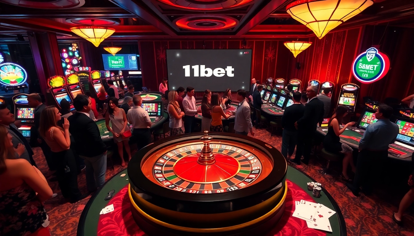 Players gathered around a roulette wheel in a bustling casino scene, showcasing thrilling gambling moments at https://11bet.ac/.