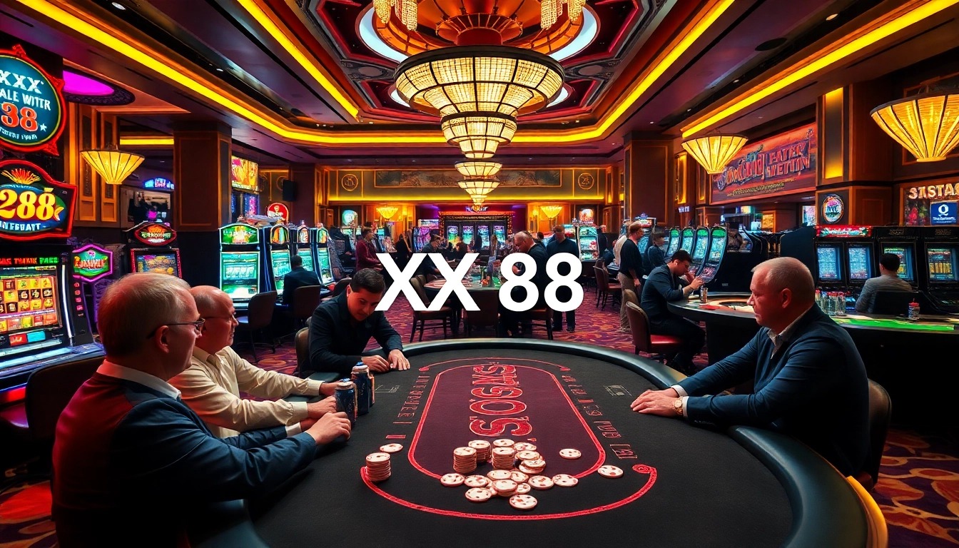 Engaging casino scene featuring players at a poker table with XX 88 promotional materials, highlighting the thrill of gambling.