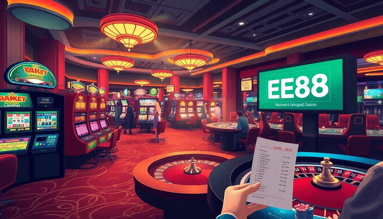 EE88 casino experience showcasing lively slot machines and intense poker gameplay.
