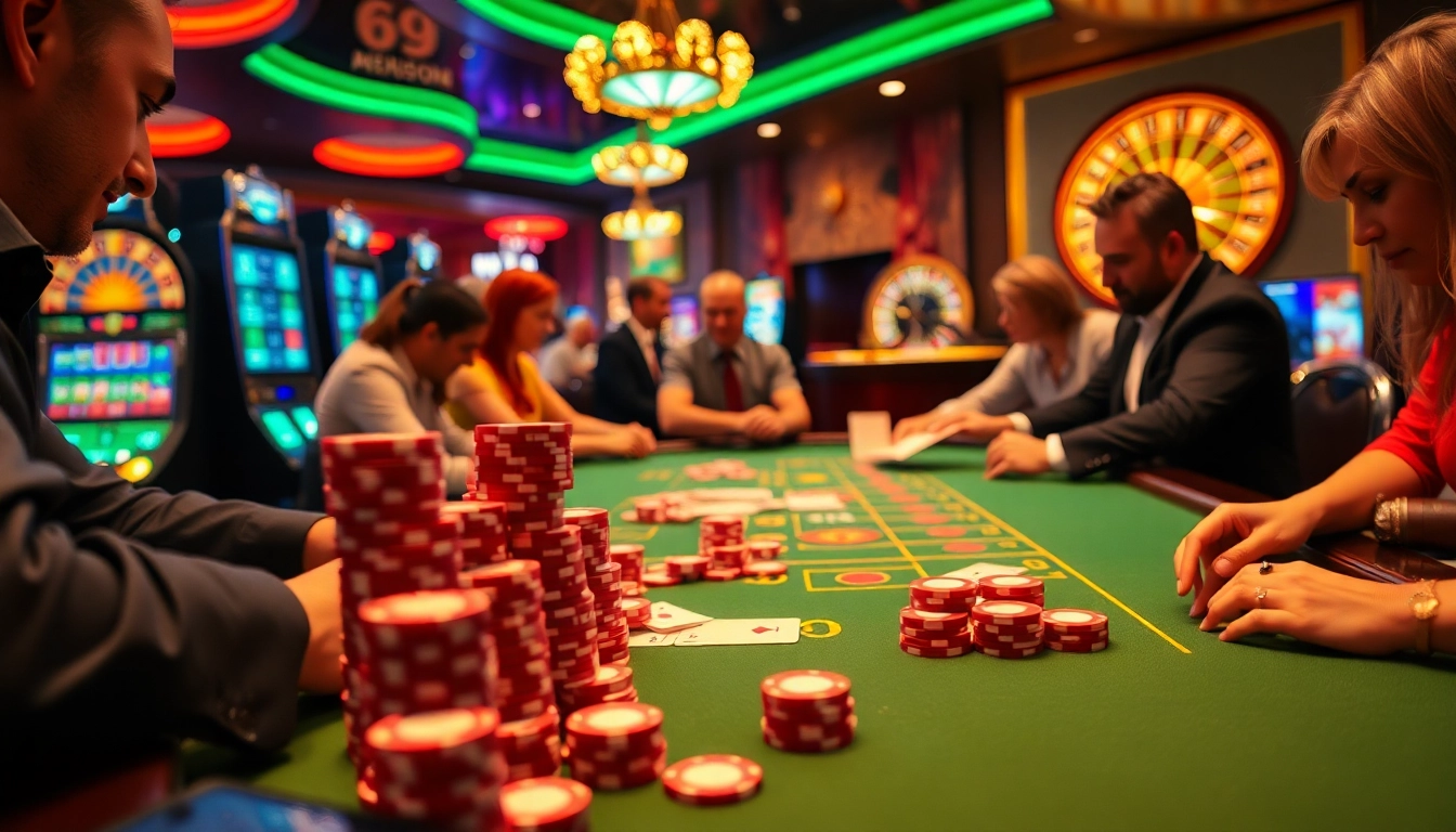 Experience the excitement of a high-stakes Blackjack game at https://mm88.today/, with players engaged and chips stacked high.